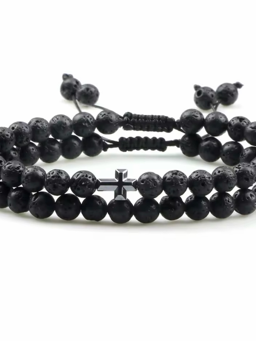 Black Lava Stone Beaded Men's Bracelet hematite Cross waterproof adjustable